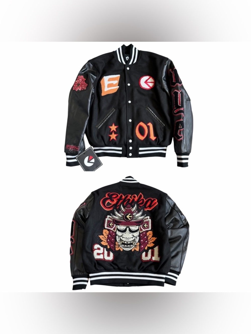 Ethika Mens Varsity Jacket Sz M Black Leather & Wool Shogun Samurai Chenille NWT